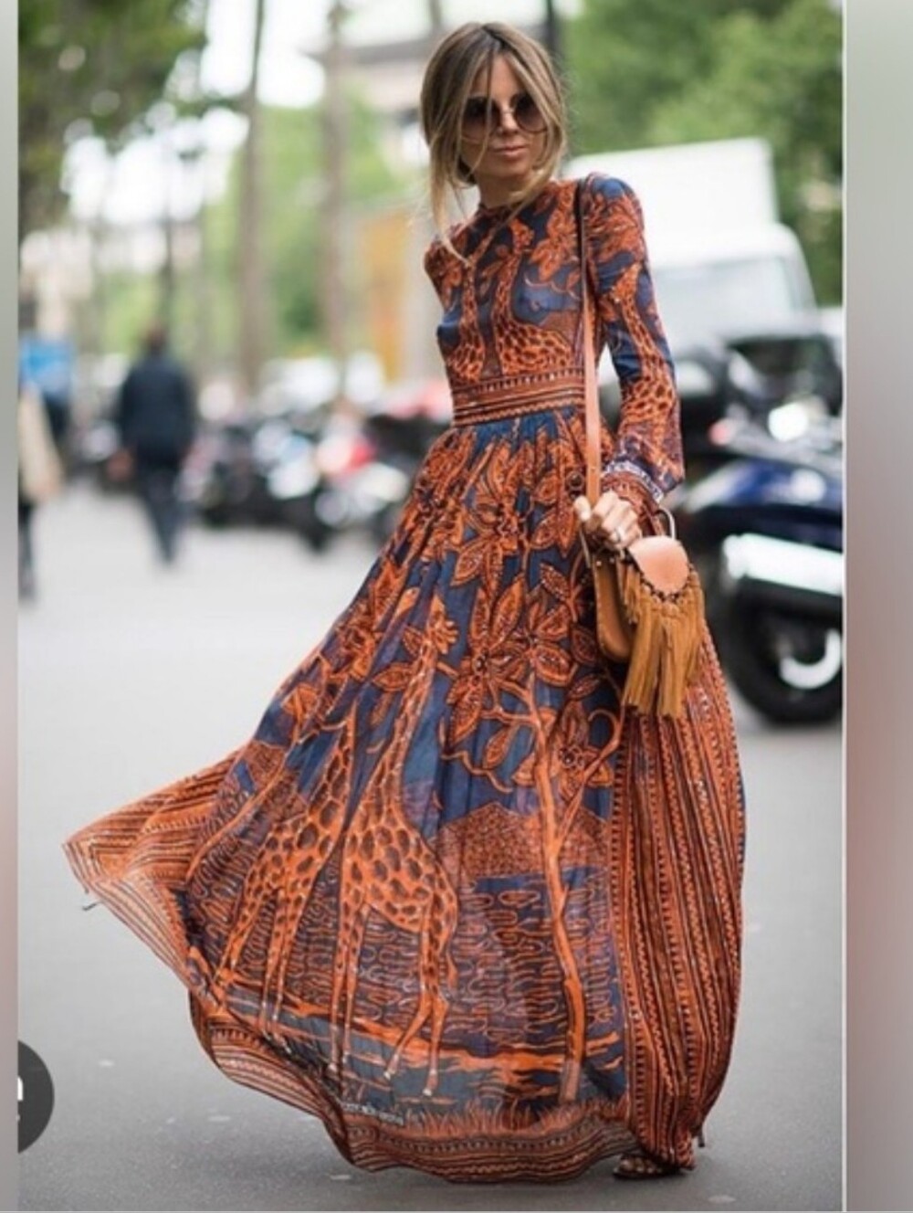 Floryday Giraffe Patterned Blue & Orange Print Long Sleeve Maxi Dress Size Large